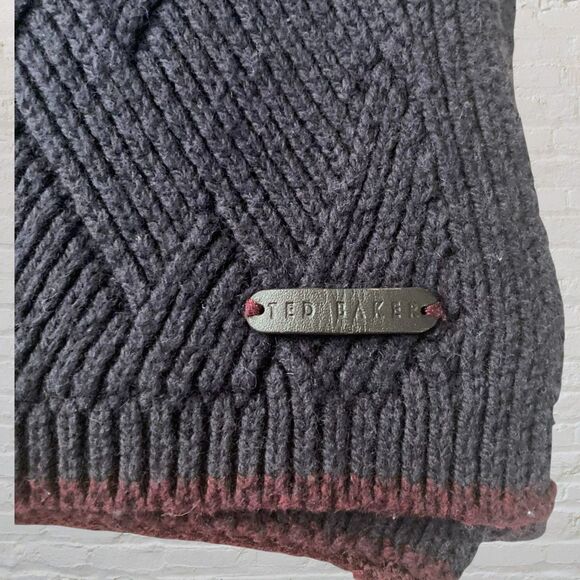 Ted Baker Wool Blend Knitted Scarf Men's Rectangle Classic Dark Grey Purple Hue - Picture 11 of 12